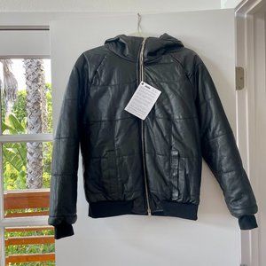 Giorgio Brato Hooded Black Pelle Leather Padded Jacket, Size‎ Medium, NWT